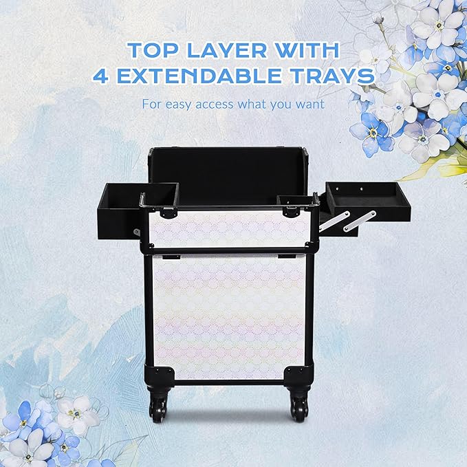 BYOOTIQUE Nail Travel Case for Nail Tech Makeup Torlley Organizer Travel Rolling Cosmetology Hairdressing Brush Bags Barber Suitcase for Beauty Salon Manicurist,Pure ForgetMeNot
