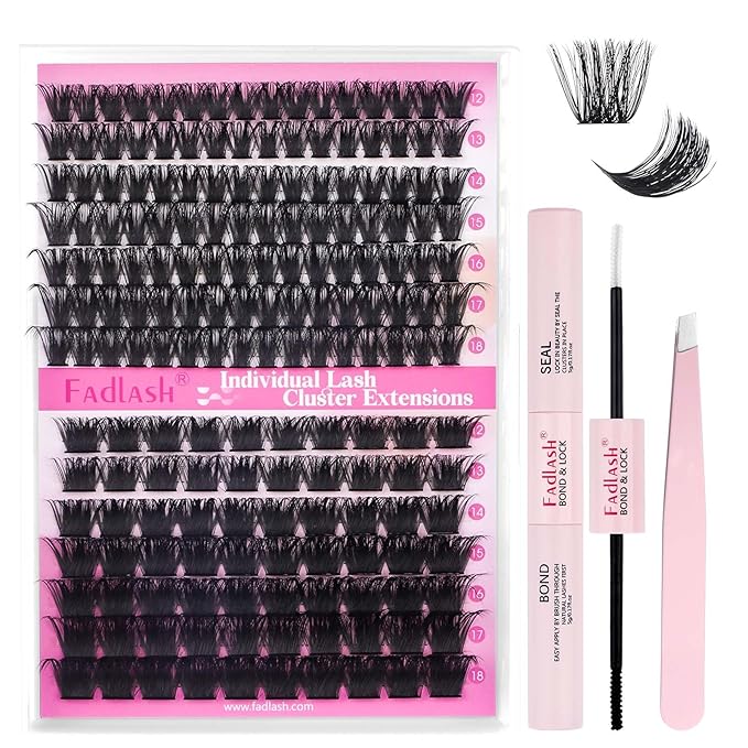 FADLASH Lash Extension DIY Kit Volume Fluffy Lash Clusters D Curl Cluster Lashes with Lash Bond and Seal Lash Tweezers for DIY Eyelash Extension at Home for Self Use（Kit 100D+200D-0.07D-12-18MIX）