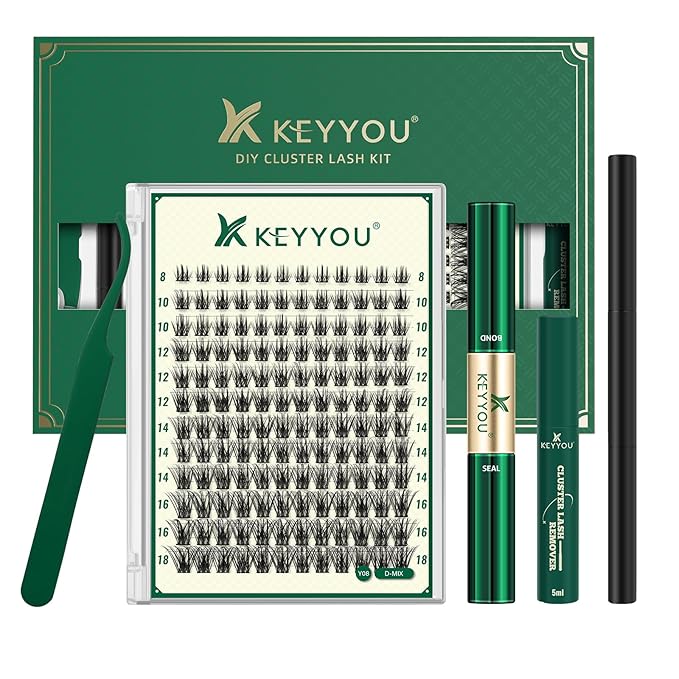 DIY Lash Extension Kit KEYYOU 144pcs Lash Clusters Eyelash Extension Kit with Mascara Brush Bond and Seal Lash Glue Remover Lash Applicators Lash Brush for DIY Lash Extensions (Y08 Kit)