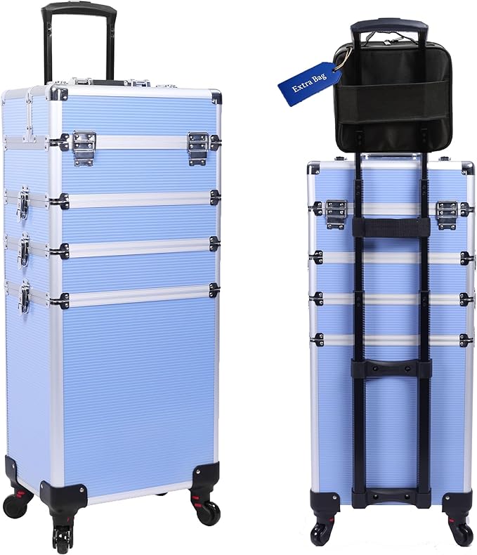 5 in 1 Professional Makeup Train Case Aluminum Cosmetic Case Rolling Makeup Case ExtraLarge Storage Organizer with Key Swivel Wheels Salon Barber Case for Make Up Nail Hairstylists, Blue