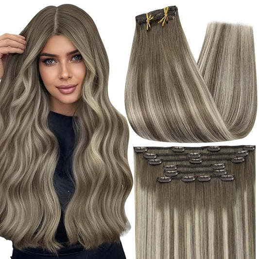 Full Shine Balayage Clip in Hair Extensions Remy Human Hair Ash Brown Ombre Blonde Clip in Extensions 7/800/7 14 Inch Medium Length Hair Extensions 7 Pcs 120 G