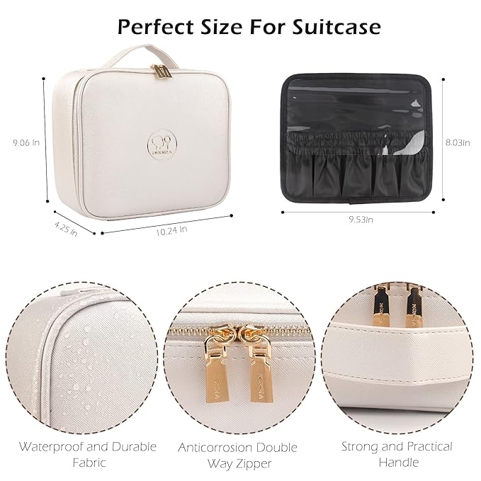 MOMIRA Travel Makeup Bag Cosmetic Bag Makeup Organizer Bag with Lighted Mirror, Adjustable Brightness in 3 Color Scenarios, Waterproof Makeup Train Case, Gift for Women - Khaki