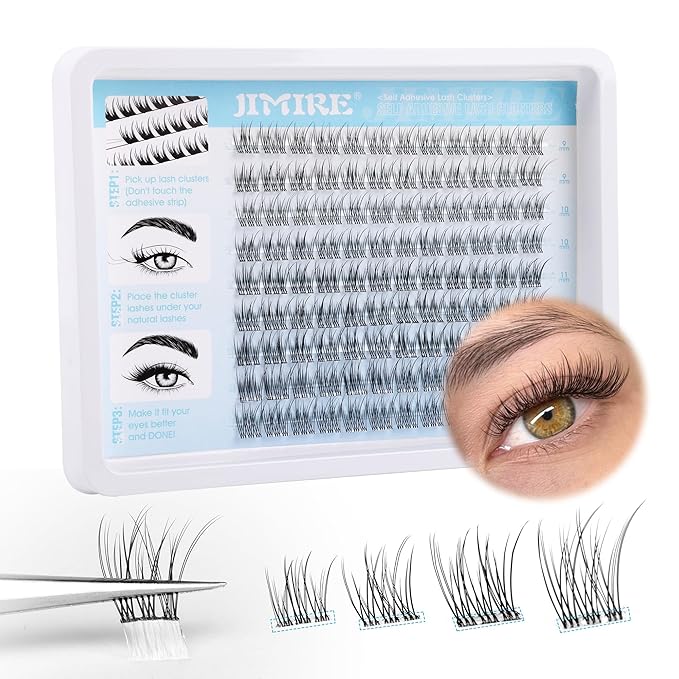 JIMIRE Natural Self Adhesive Eyelashes Wispy Pre Glued Lash Clusters No Glue Needed Press on Lashes Reusable Self Adhesive Lash Clusters Easy to Apply 9-12MM 108Pcs Pack