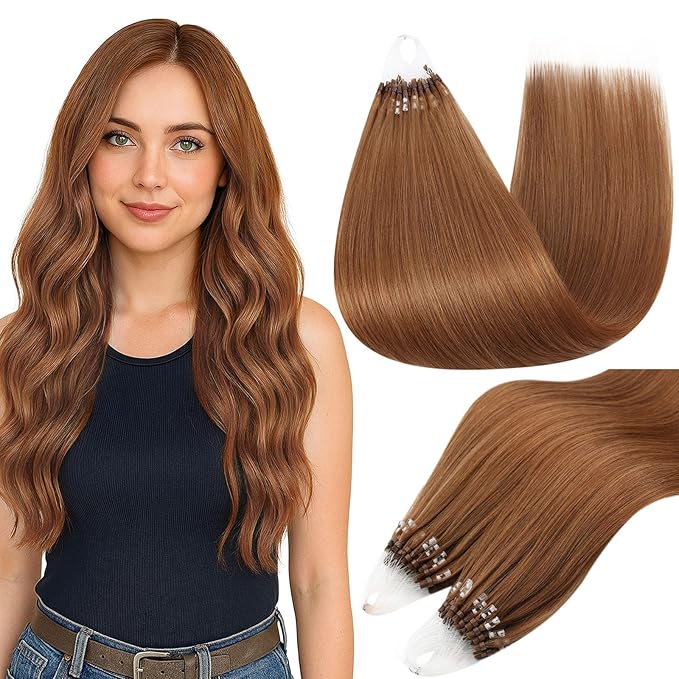 Full Shine Microlink Hair Extensions Human Hair 24 Inch Straight Long Remy Hair Color 330 Copper Brown Micro Loop Hair Extensions Human Hair 50 Grams Invisible Prebonded Extensions