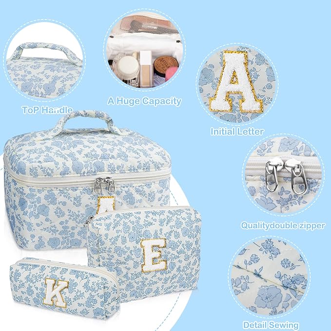 Initial Makeup Bag Set, Personalized Quilted Makeup Bag, Large Floral Cosmetic Bag for Women, Cute Cotton Custom Make up Bags, Flower Travel Toiletry Bag Teen Girl Gift Blue Flower E