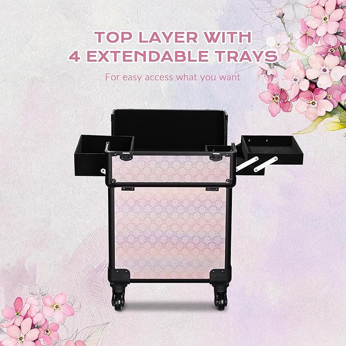 BYOOTIQUE Barber Case False Eyelash Storage Rolling Makeup Cart on Wheels Hairdressing Brush Bags Barber Suitcase for Wedding Beautician Manicurist Hairstylist,Blush ForgetMeNot