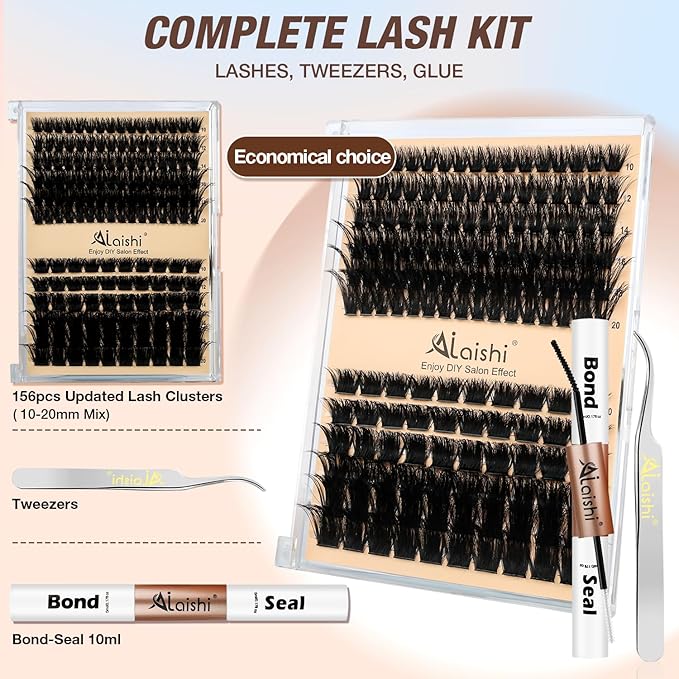 Lash Clusters Kit, DIY Cluster Eyelash Extensions 10‑20mm, 100D+200D, 156pcs Fluffy D Curl Natural Lashes with Bond & Seal,Tweezers–Fake Cat Eye Individual Clusters