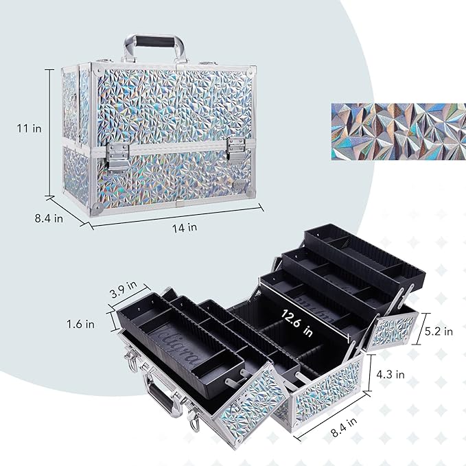 Joligrace Makeup Train Case Large 6 Tray Professional Organizer Box - Cosmetic Make Up Carrier with Lock & Key Carrying Strap for Studio Artist & Stylist Silver - Holographic Iridescent Style