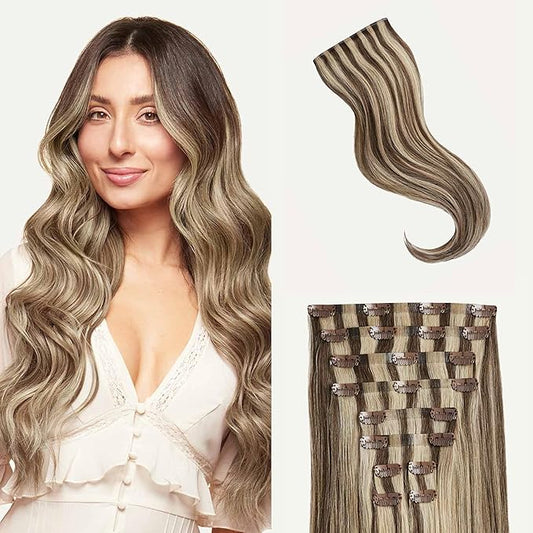 Luxy 100% Remy Human Hair - Seamless Clip-In Hair Extensions - Multi-Dimensional Color for Natural Blending, Adds Volume & Length 50 grams 12" Ash Brown Highlights