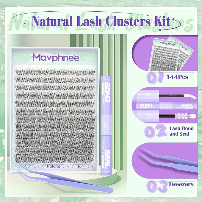 Mavphnee Natural Lash Clusters Kit C-Curly DIY Lash Extensions Kit 10-16MM Wispy Cluster Eyelash Extensions Kit Waterproof Lash Bond and Seal Kit 144PCS Your-Home-Lash-Salon Lash Kit