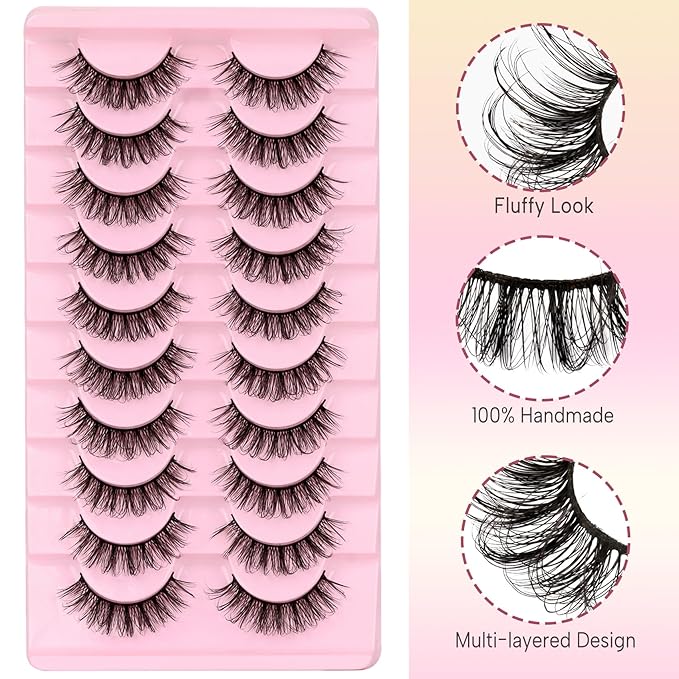 Ahrikiss Russian Strip Lashes That Look Like Extensions D Curl Fluffy False Eyelashes 10 Pairs Wispy Natural Fake Lashes Pack Fluffy 3D Volume Fake Lashes (D05)