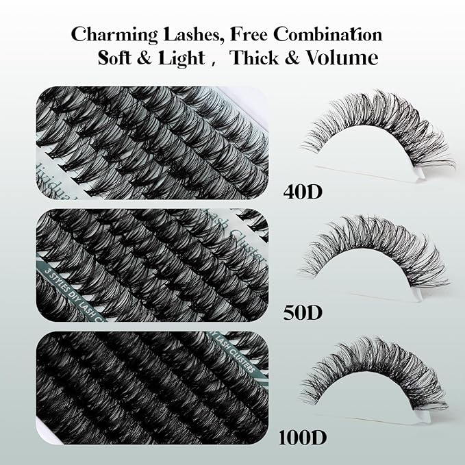 Lash Clusters Kit 320PCS 11-20MM 40D 50D 100D Thick Volume Cluster Eyelash Extensions Natural Volume Lashes D Curly Eyelashes DIY Lash Extension Kit with Lash Bond + Seal + Remover + Tweezers-3