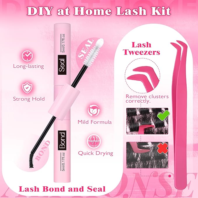 Mega Bold Lash Clusters Kit 14-24mm D-curved Cluster Eyelash Extensions Kit 200D Thick Volume Eyelash Clusters Kit with Lash Bond and Seal by ALPHONSE