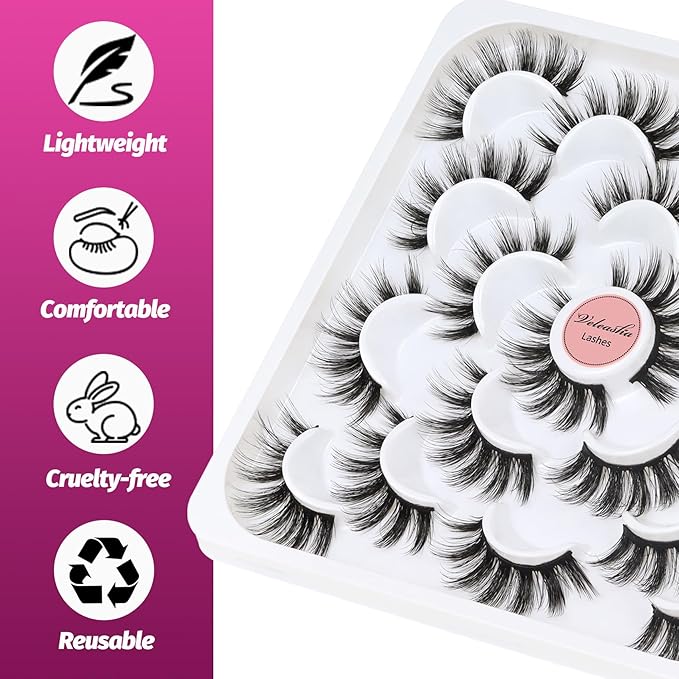 Veleasha Lashes 10 Pairs Natural Fluffy False Eyelashes Soft Wispy Lashes 3D Faux Mink Lashes Pack (V07)
