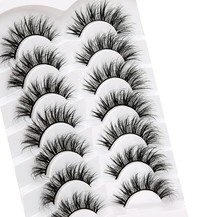 Pooplunch False Eyelashes Wispy Mink Lashes Cat Eye Natural Crossed Cluster Look 8D Volume Fake Eyelash Strips Faux Mink Lashes 7 Pairs Pack