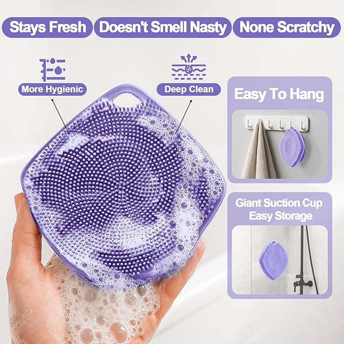 Silicone Body Scrubber, Gentle Texture Exfoliating Body Scrubber for Men and Women On Sensitive Skin, Soft Scrubber Produces Rich Form and Builds Up Lather, Getting a Deep Skin Clean (Purple)
