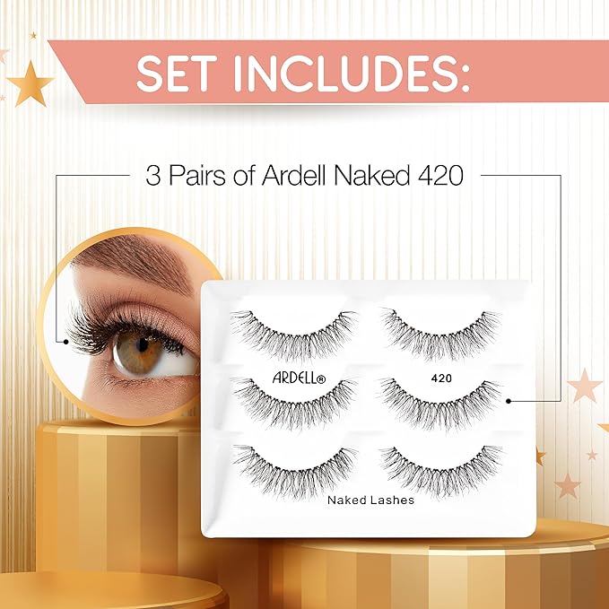 Ardell Naked Lashes 420 – Natural Look False Eyelashes, Wispy Lashes with Invisiband, Soft Lash Strips, Holiday Gift Set, 3 Pairs