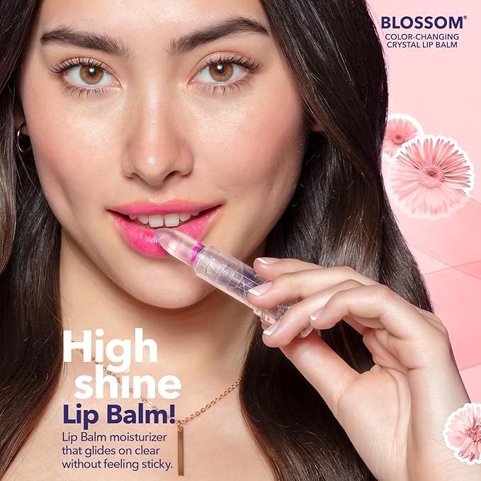 Blossom Moisturizing Scented pH Color Changing Crystal Lip Balm, Strawberry Scented Lip Stain Tint, Infused with Real Flowers, 3 pk, Turquoise/Pink/Purple