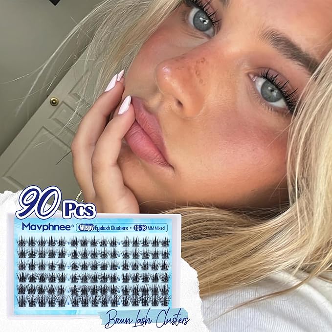 Mavphnee Natural Cluster Lashes Wispy Cluster Eyelash Extensions Fairy Lash Clusters Spiky Eyelash Clusters Anime Individual Lashes 90Pcs Clean Girl Makeup DIY Lash Pack Lash Hack (10-16MM, CC-Curly)