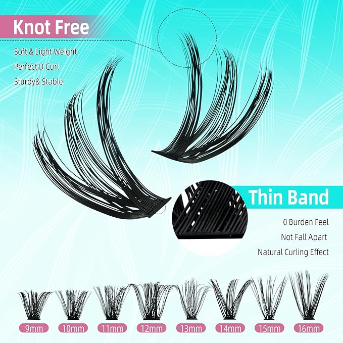 Lash Extension Kit 280PCS Eyelash Clusters 50D DIY Eyelash Extension Kit Individual Lashes Natural Lash Clusters Kit with Lash Bond and Remover, Lash Tweezers(D-Mix9-16mm Kit)