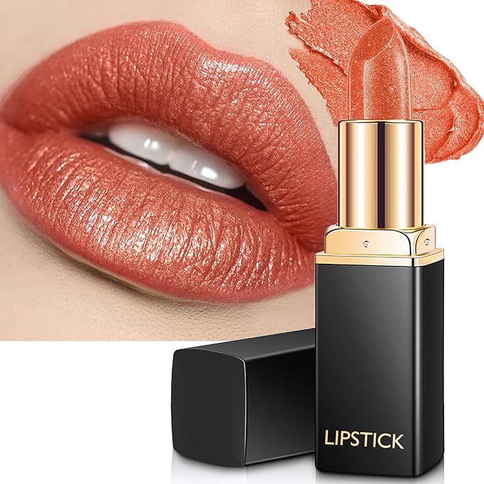 Coral Orange Lipstick for Women with Metallic Shimmer Shine, Long Lasting Lip Stick Glitter Moisturizing Lightweight Full Coverage Lip Makeup, Smooth Non-Sticky Pearl Shiny Cream Lipstick, 02