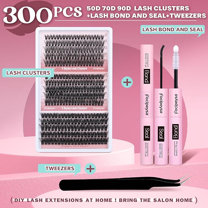 Focipeysa Eyelash Extension Kit 300pcs Lash Extensions 50D 70D 90D Eyelash Extension Full Volume Lash Clusters 10-16mm DIY Lash Extension with Waterproof Lash Bond and Seal for Makeup