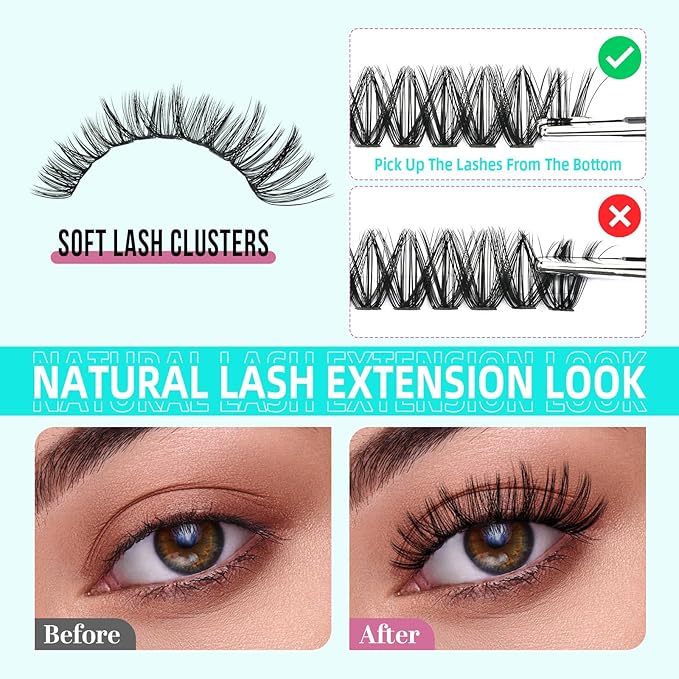 Lash Clusters Wispy 280PCS Eyelash Clusters 50D Lashes Clusters 9-16mm Cluster Eyelash Extensions Individual Lashes Soft Eyelashes Clusters with Thin Band False Eyelashes at Home(50D,D-Mix9-16mm)