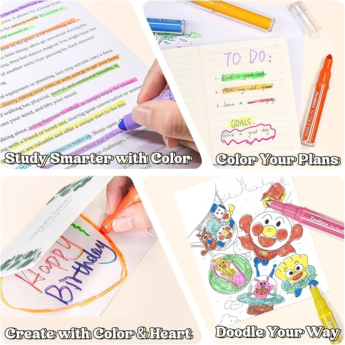 Triple-Tip Highlighters Assorted Colors, 6 Pack No-Bleed Highlighters with 3 Tips per Pen, 18 Multi Colors, Quick-Dry Ink for Journaling, Note Taking & Planner Supplies