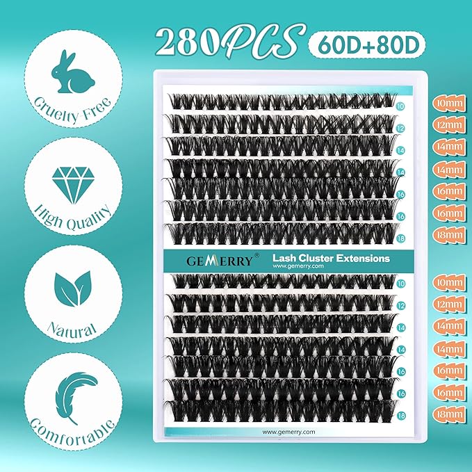 GEMERRY Lash Clusters 280pcs 60D+80D DIY Eyelash Extension D Curl Individual Lash Cluster Natural Eyelash Extension Mixed Tray Reusable Handmade Home Application (60D+80D-0.07D-10-18MIX)