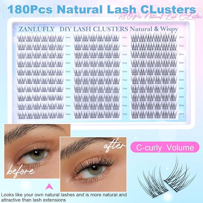 Lash Clusters Wispy Eyelash Clusters CC-Curly Cluster Lashes zanlufly Natural Individual Lashes 180Pcs Eyelash Extension 10-12MM DIY Lash Extension
