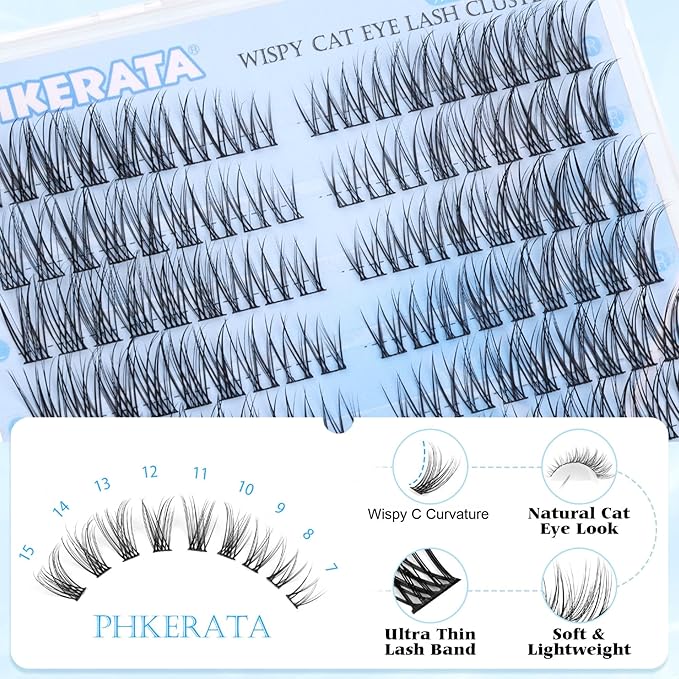 Wispy Lash Clusters Natural Eyelash Clusters 7-15 mm C Curvature Eyelash Clusters Lashes 144 pcs Wispy Cat Eye Individual Lashes Clusters DIY Eyelash Extensions