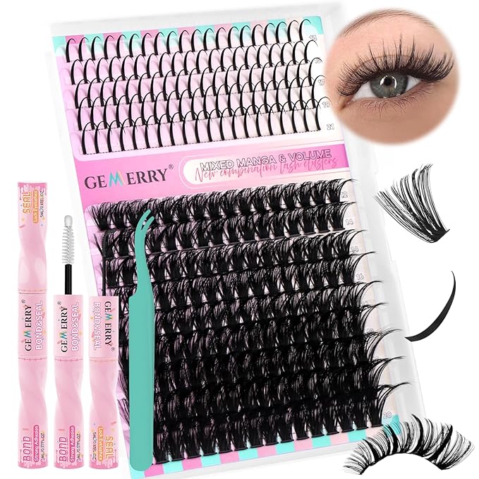 GEMERRY Lash Clusters Kit 80D Long 12-21mm with Spikes Cluster Eyelash Extensions Kit DIY Wispy Natural Lash Clusters with Lash Bond and Seal Spiky Individual Lashes Eyelashes