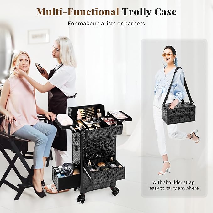 AROUS Rolling Makeup Train Case with 3 Drawers, Cosmetology Case on Wheels Nail Trolley Cart Salon Station Organizer Cases for Nail Tech, Face Painting,Hairstylist, Makeup Artist, Black