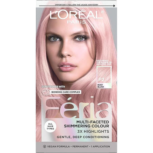 L'Oreal Paris Feria Multi-Faceted Shimmering Permanent Hair Color, P2 Rosy Blush (Smokey Pink), Pack of 1 Hair Dye Kit