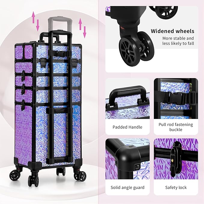 Profesional Rolling Makeup Train Case with Lid, 5 in 1 Cosmetology Case on Wheels, Large Cosmetic Trolley Organizer Travel for Hairstylist Artist Nail Beauty Salon Barber, Gravel Purple