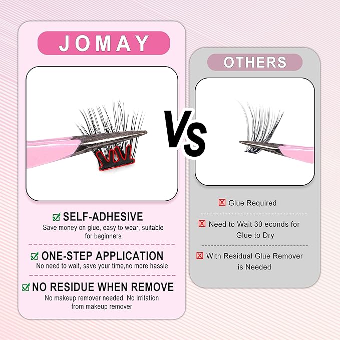 JoMay Self Adhesive Eyelashes, Press on Lashes No Glue Needed, Glueless Lashes Pre-Glued Natural Cluster Extension Kit D Curl For Beginners, No Sticky Residue 1 Step DIY 48PCS 10-16mm X03