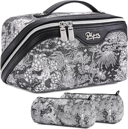 BOYATU Travel Makeup Bag for Women: Large Capacity Make up Bag with Compartments - Vegan Leather Cosmetic Bag set of 3 - Waterproof Toiletry Bag with Handle & Divider(E-2-Black)