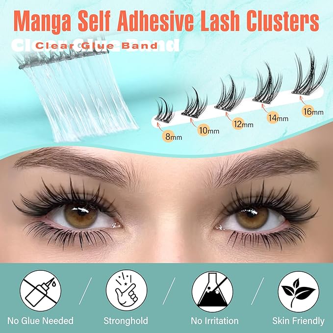 Zegaine Manga Self Adhesive Eyelashes Natural Look Self Adhesive Lash Clusters No Glue Needed Asian Anime Pre Glued Lashes Natural Lash Clusters Reusable C-Curly Spiky Pre Glued Eyelashes 8-16MM