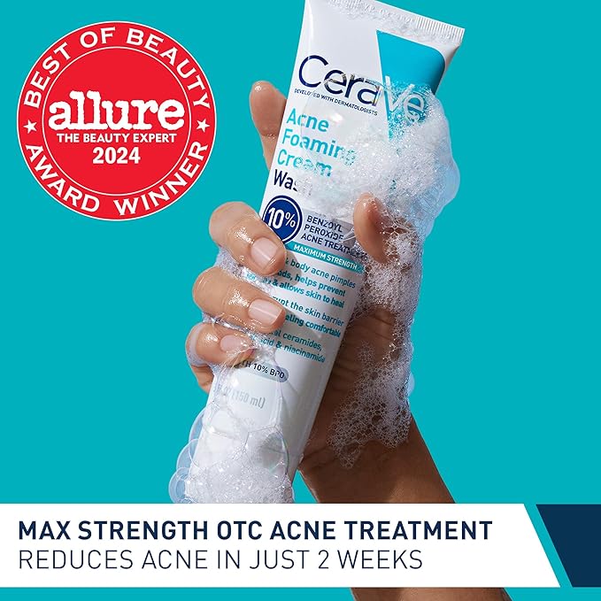 CeraVe Acne Foaming Cream Wash, Gentle Face and Body Cleanser with Benzoyl Peroxide 10%, Hyaluronic Acid, and Niacinamide, 10% Benzoyl Peroxide Treatment Clears Pimples and Blackheads 5 Oz