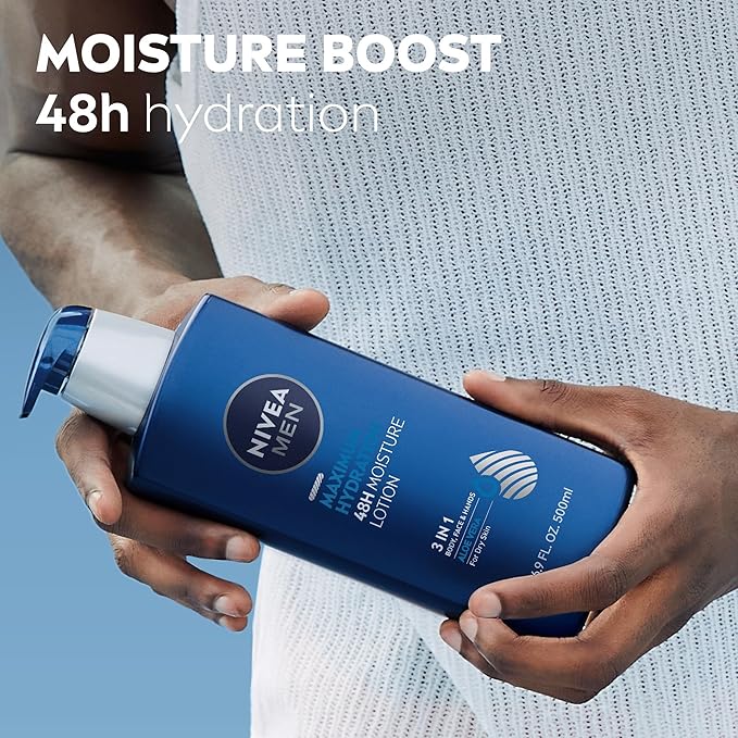 NIVEA MEN Maximum Hydration 48-Hour Moisture Body Lotion for Dry Skin, Aloe Vera Lotion for Men, 3-in-1 Body, Face and Hands, Dermatologically-Tested, Holiday Gifts for Men, 16.9 Fl Oz Bottle