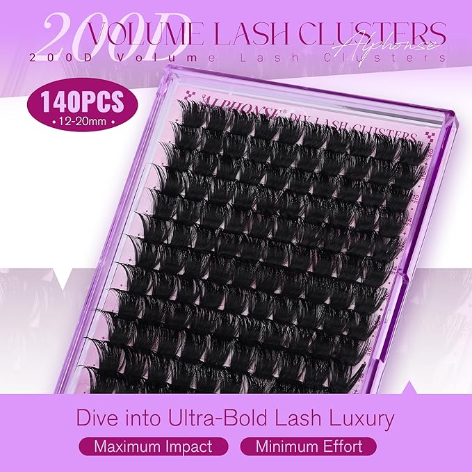 Lash Clusters Volume Eyelash Clusters 12-20mm Wispy Individual Lashes 200D Thick Lashes Clusters Mega Cluster Eyelash Extensions D-Curly Cluster Lashes 140pcs Lash Extension DIY at Home by ALPHONSE