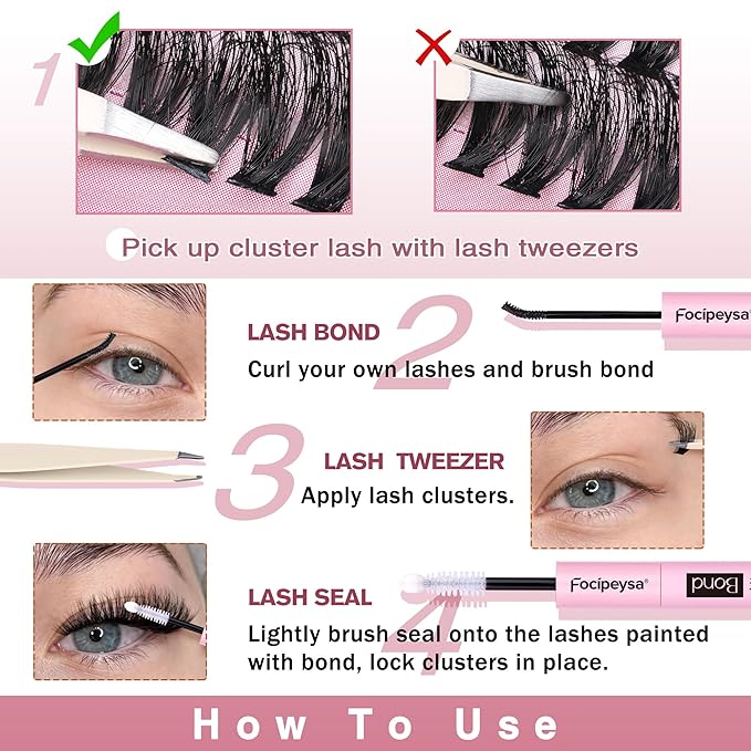 Focipeysa Lash Extension Kit 300pcs Lash Clusters Volume Eyelash Extension 60D 70D 80D Eyelash Clusters 9-16mm DIY Lash Extensions Kit with Waterproof Lash Bond and Seal and Lash Tweezers