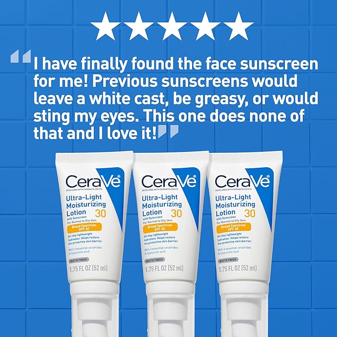 CeraVe Ultra-Light Moisturizing Lotion With SPF 30, Daily Face Moisturizer with SPF, Formulated with Hyaluronic Acid & Ceramides, Broad Spectrum SPF, Oil Free, Matte Finish, 1.7 Ounce