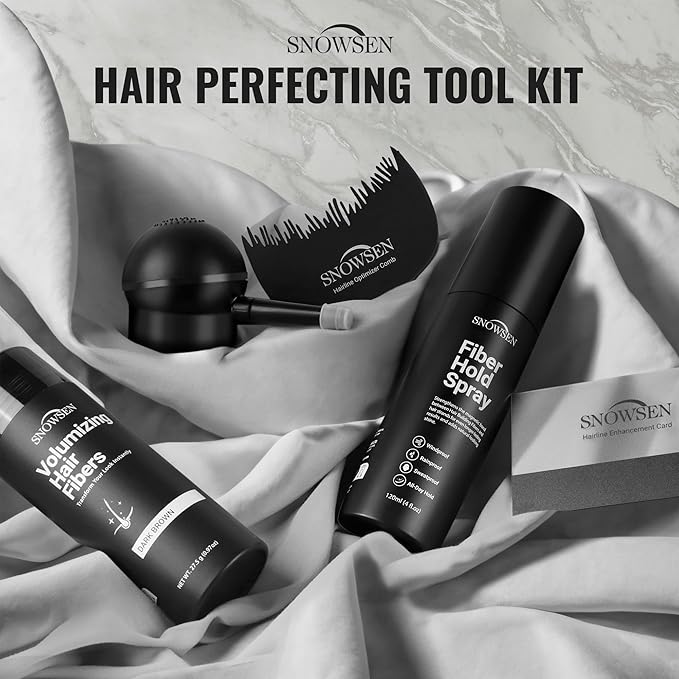 Hair Fibers for Thinning Hair, Dark Brown, Professional 5-in-1 Hair & Beard Styling Set, Include Applicator Pump, Fiber Hold Spray, Application Card, Hairline Comb,Hair Powder for Women & Men