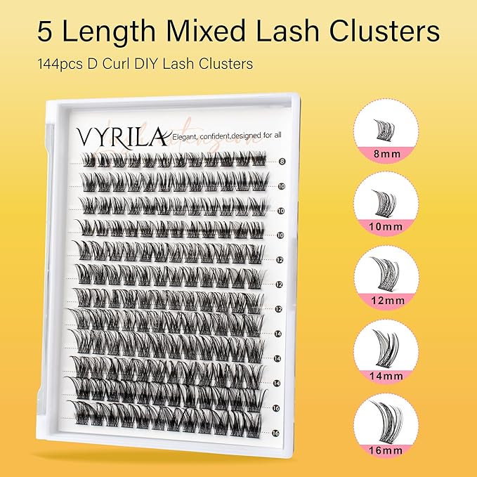 Lash Clusters 8-16mm, False Eyelashes 144pcs, Cluster Eyelash Extensions Matte Black Soft, Diy Lash Extensions D Curl Natural Lash Clusters Faux Mink Lashes Wispy（Sway,144pcs,0.07,D,8-16MIX)