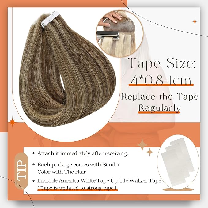 Full Shine Human Hair Extensions Color 4 Brown Highlight 27 Blonde Tape in Hair Extensions 18Inch Long Straight Skin Weft Seamless Invisible Extension for Bridal Hairstyles 100G 40Pcs