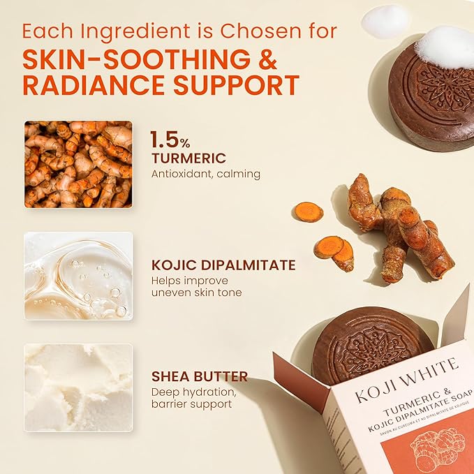 Koji White Turmeric & Kojic Acid Dipalmitate Soap - Unscented Bar Soap for Uneven Skin Tone With Shea Butter – For Face & Body, Vegan, Fragrance-Free, Sensitive Skin, 2.82 oz (2 Bars)