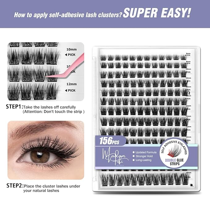 Self Adhesive Eyelashes, 156 PCS Self-Adhesive Lash Clusters – No Glue Needed, Dual-Row Sticky Strips, DIY Individual Lash Extensions, Soft Fluffy False Eyelashes (Fluffy-Mixed)