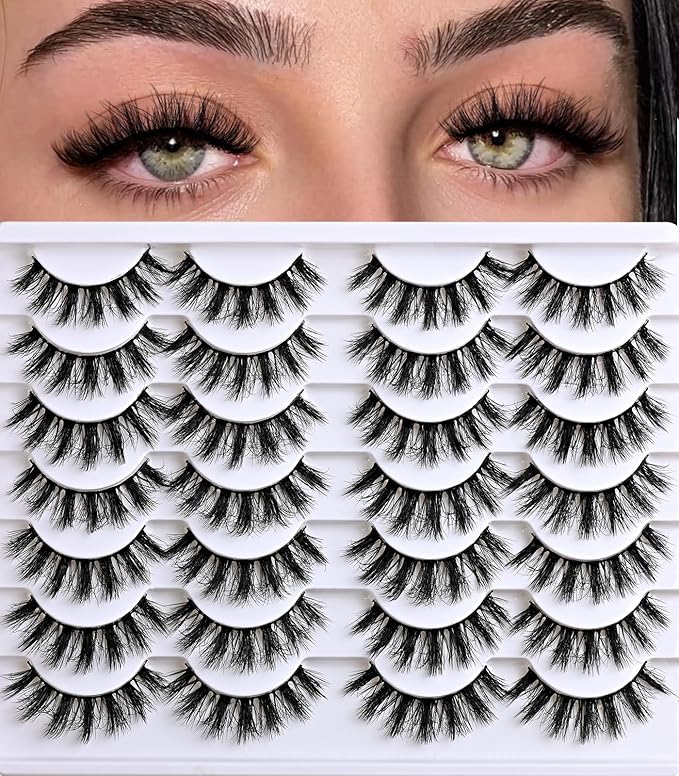 Lashes Fluffy Wispy Eyelashes 14 Pairs Separated Volume Lash Pack 9-16mm Spiky Strip Eyelash Natural Fake Mink Lashes Semi-Bold Reusable False Eyelashes Strips for Open-Eye & Cat-Eye Looks