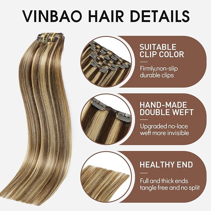 VINBAO Clip in Hair Extensions Real Human Hair Highlights 20In 160G Full Head Clip in Hair Extensions Brown Mix Honey Blonde Straight Remy Hair 7Pcs Thick End (#HC4P27,20'')
